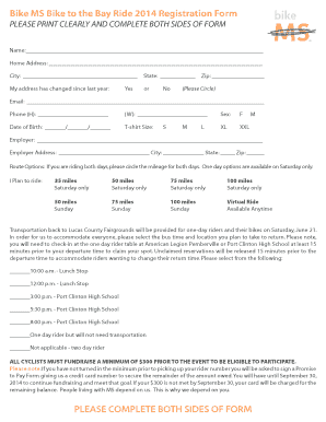 Bike MS Bike to the Bay Ride 2014 Registration Form