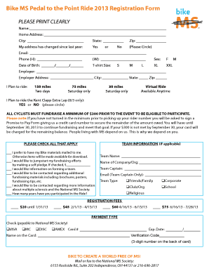 Bike MS Pedal to the Point Ride 2013 Registration Form