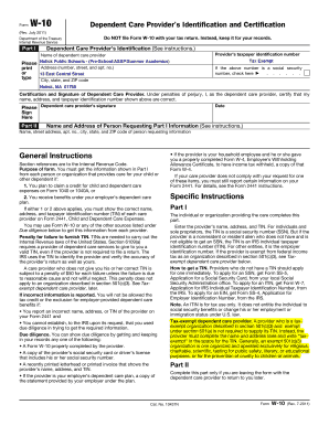 Form W-10 Dependent Care Provider Certification