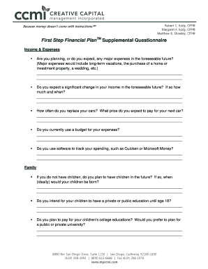 First Step Financial Plan Supplemental Questionnaire