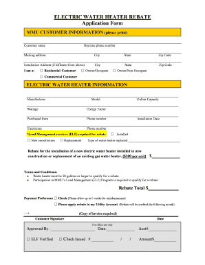 Electric Water Heater Rebate Application Form