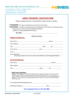 New Jersey Agent Transfer Deletion Form