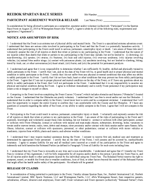 Reebok Spartan Race Series Participant Agreement Waiver