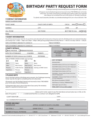 Challenger Learning Center Birthday Party Request Form