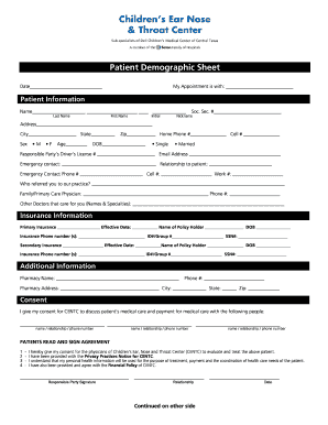 Patient Demographic Sheet