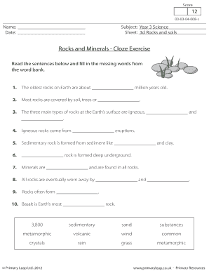 Year 3 Science Rocks and Minerals Cloze Exercise