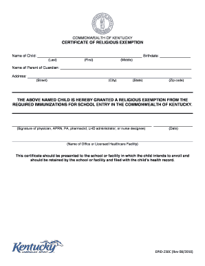 Kentucky Religious Exemption Certificate