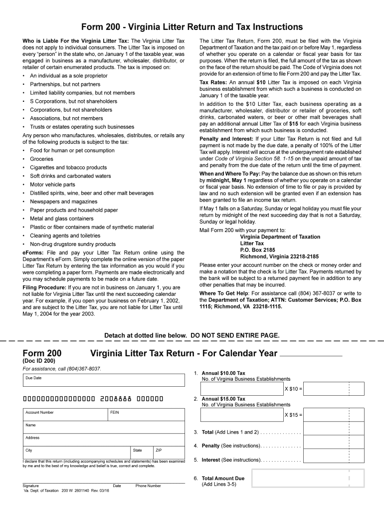 Fillable Online tax virginia Form 200 Virginia Litter Tax Return