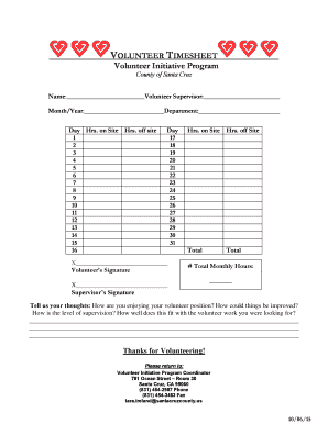 Printable monthly timesheet template - Volunteer Supervisor - scvolunteercenter