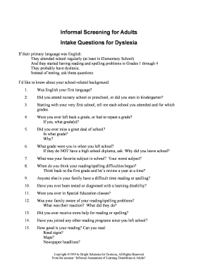Dyslexia Intake Questions for Adults