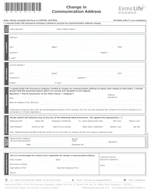 Exide Life Insurance Communication Address Change Form