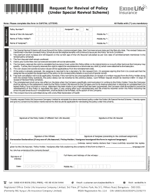 Exide Life Special Revival Scheme Request Form