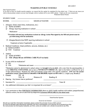 Wakefield Public Schools Student Health Update Form