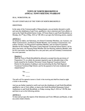 Town of North Brookfield Annual Town Meeting Warrant