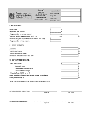 Bingo Event Summary and Prize Details Form