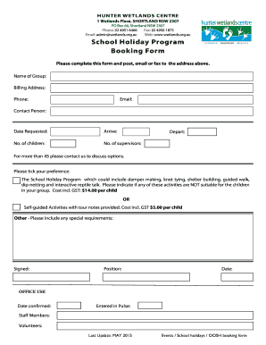 School Holiday Program Booking Form