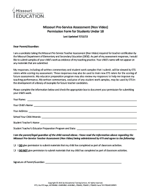 Missouri Pre-Service Teacher Assessment Permission Form