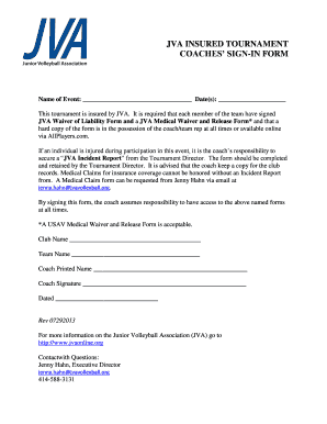 JVA Insured Tournament Coaches' Sign-In Form