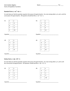 Intermediate Algebra Quadratic Equations Worksheet