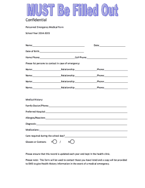 Confidential Personnel Emergency Medical Form