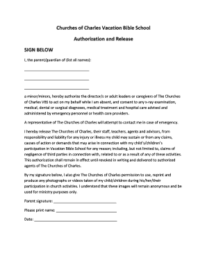 Vacation Bible School Authorization and Release