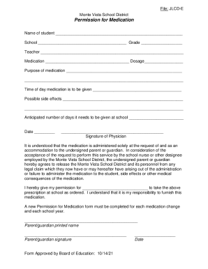 Monte Vista School District Permission for Medication