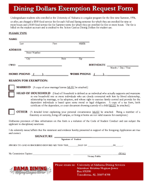 University of Alabama Dining Dollars Exemption Request Form