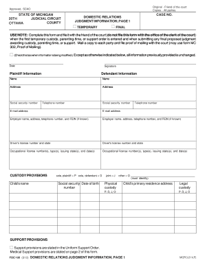 Michigan Domestic Relations Judgment Information Form