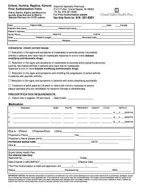 Prior Authorization Form for Enbrel, Humira, Raptiva, Kineret