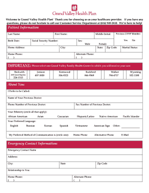 Grand Valley Health Plan Patient Registration Form