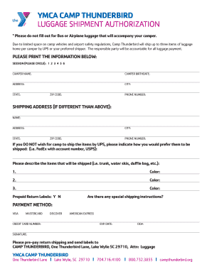 YMCA Camp Thunderbird Luggage Shipment Authorization