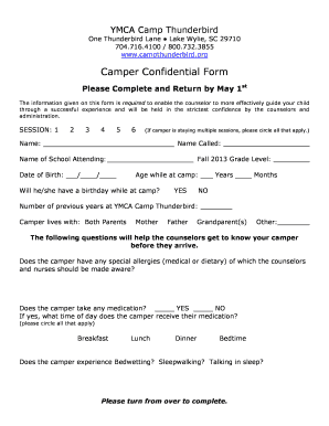 YMCA Camp Thunderbird Camper Confidential Form