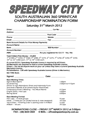 SOUTH AUSTRALIAN 360 SPRINTCAR CHAMPIONSHIP NOMINATION FORM