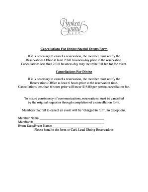 Cancellations For Dining Special Events Form