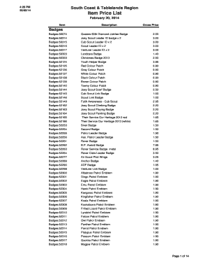 Item Price List - South Coast & Tablelands Scouts