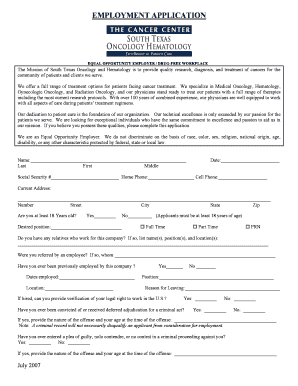Employment Application for South Texas Oncology and Hematology