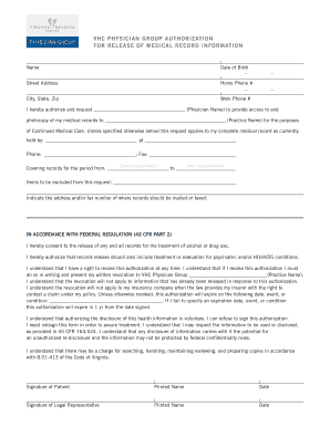 VHC Physician Group Medical Record Release Authorization