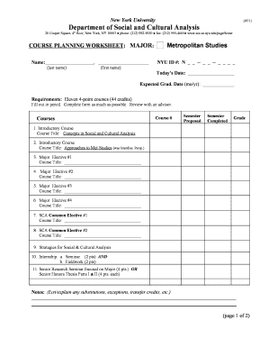 NYU Metropolitan Studies Course Planning Worksheet