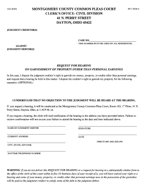 Request for Hearing on Garnishment