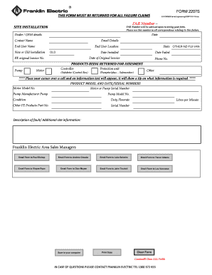 Franklin Electric Product Failure Claim Form 2207S
