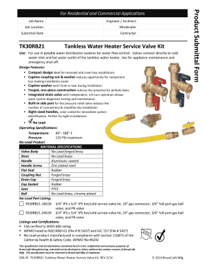 Tankless Water Heater Service Valve Kit Submittal Form