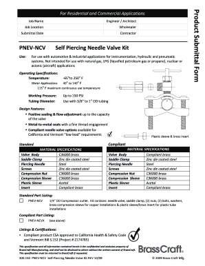 Product Submittal Form for PNEV-NCV Self Piercing Needle Valve Kit