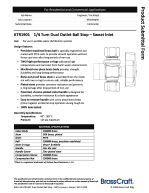 Product Submittal Form for KTR1901 Dual Outlet Ball Stop