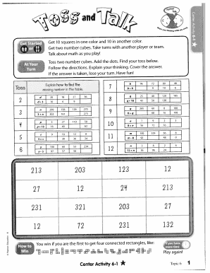Math Game Activity Sheet