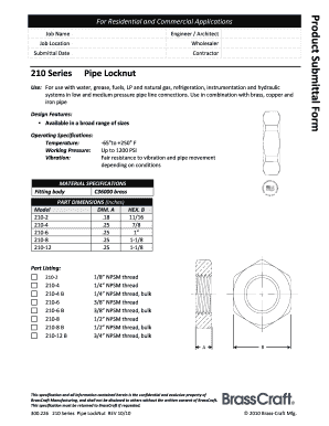 210 Series Pipe Locknut Product Submittal Form