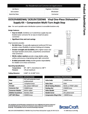 Product Submittal Form for Vinyl One-Piece Dishwasher Supply Kit
