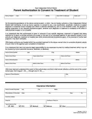 Katy ISD Student Medical Treatment Consent Form
