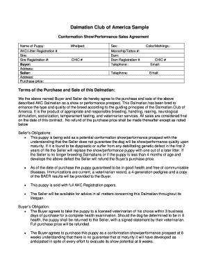 Dalmatian Club of America Conformation Show Sales Agreement