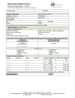 North Ranch Benefits Trust Vision Employee Application
