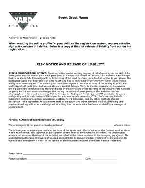 Oakland Yard Athletics Risk Release of Liability